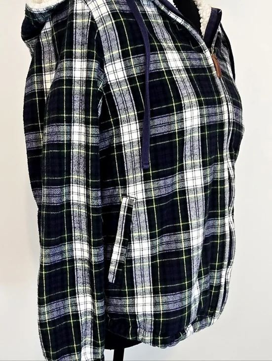 L.L. Bean Plaid Sherpa Lined Hoodie Jacket Full Zip Small Outdoor Cozy Hiking - Picture 5 of 10